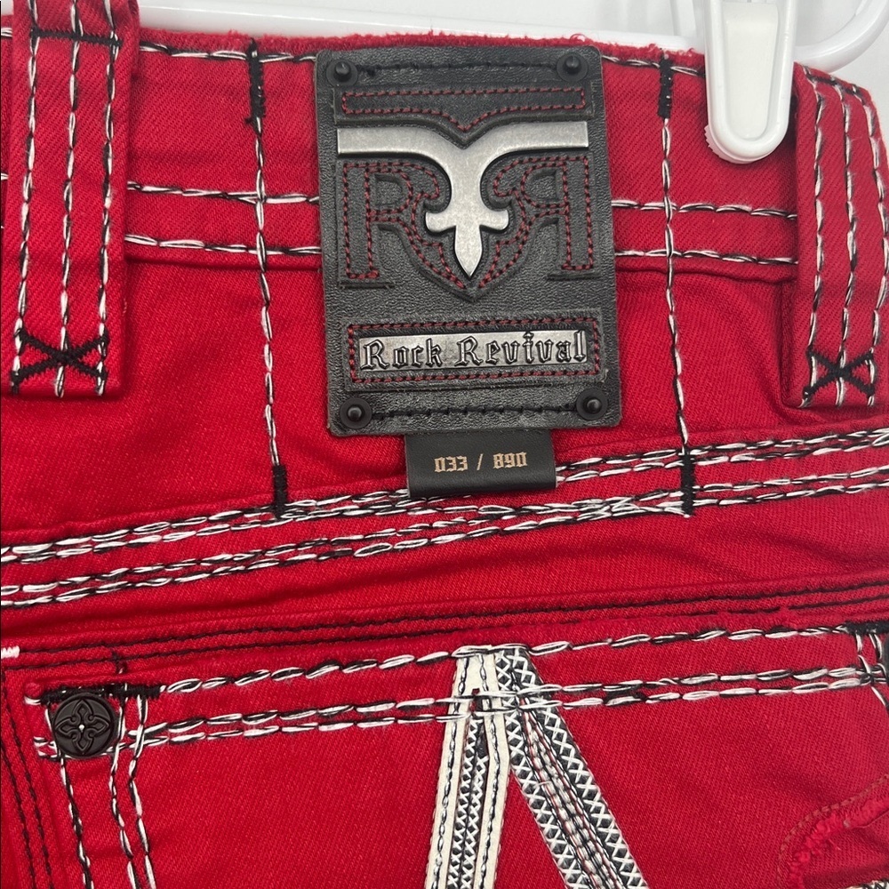 Men Rock Revival Red Jeans Slim Straight Stretch Pant Collectors Edition Size 32 - Picture 8 of 10